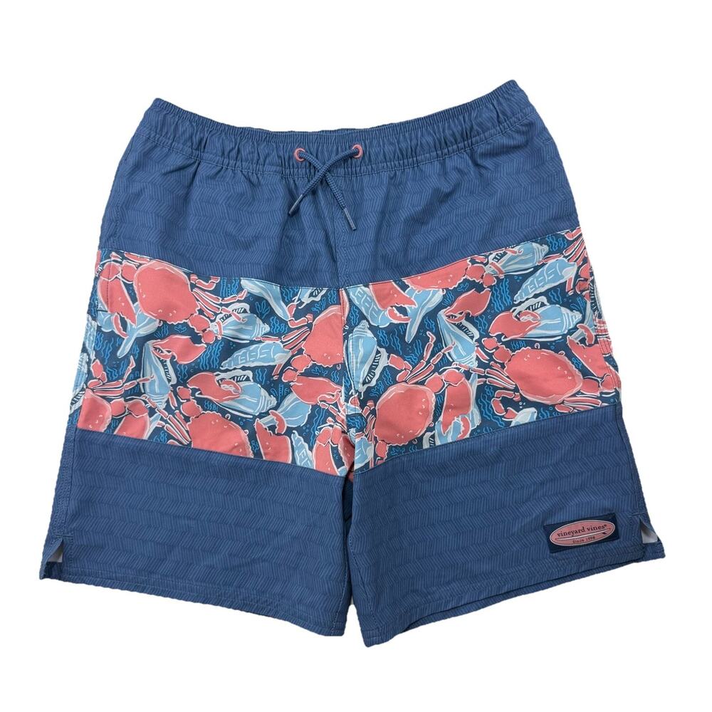 Vineyard Vines Printed Chappy Swim Trunks Boys M 12-14 Blue Crabs Shells NWOT22